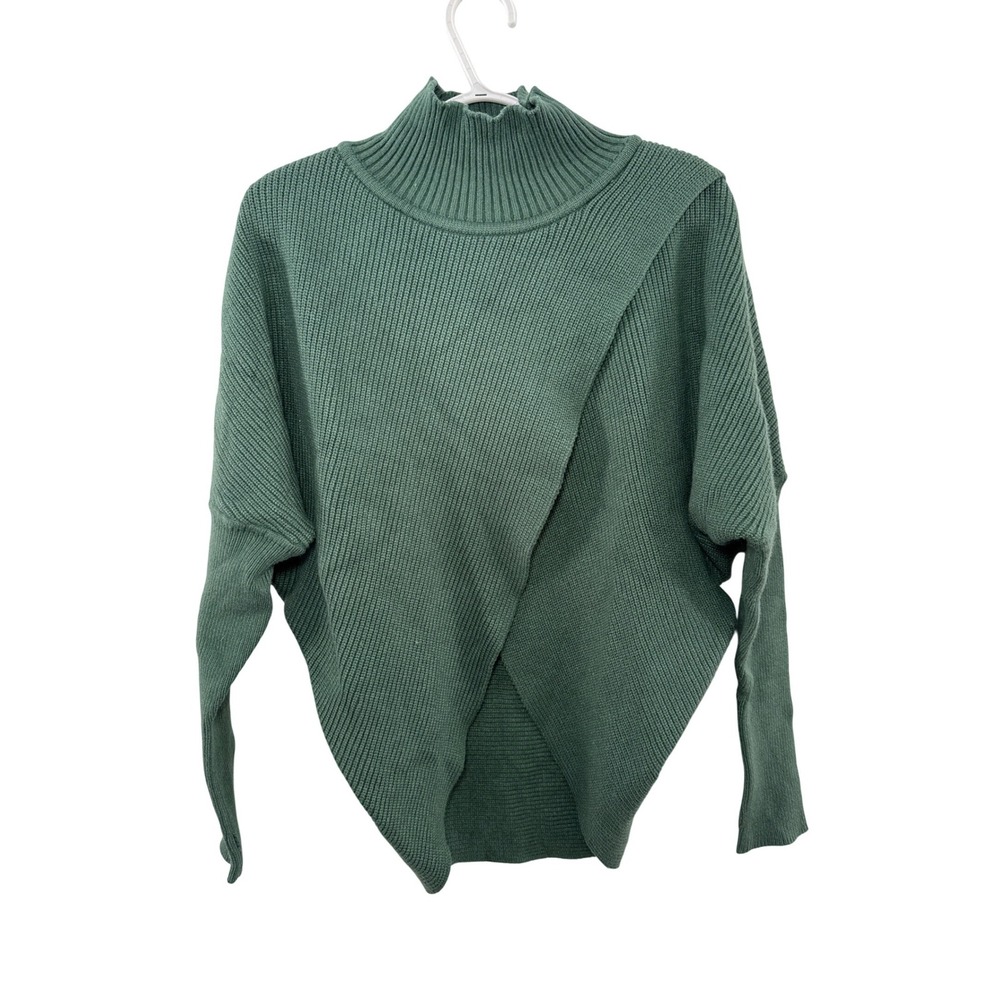 REVEL Mock Neck‎ Asymmetrical Knit Sweater Green Womens Medium Chic Contemporary